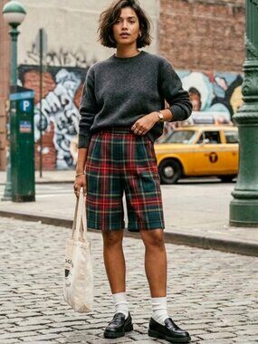 Vintage Talbots Tartan Plaid Wool Bermuda Long Shorts Lined Cuffed Pleated XS